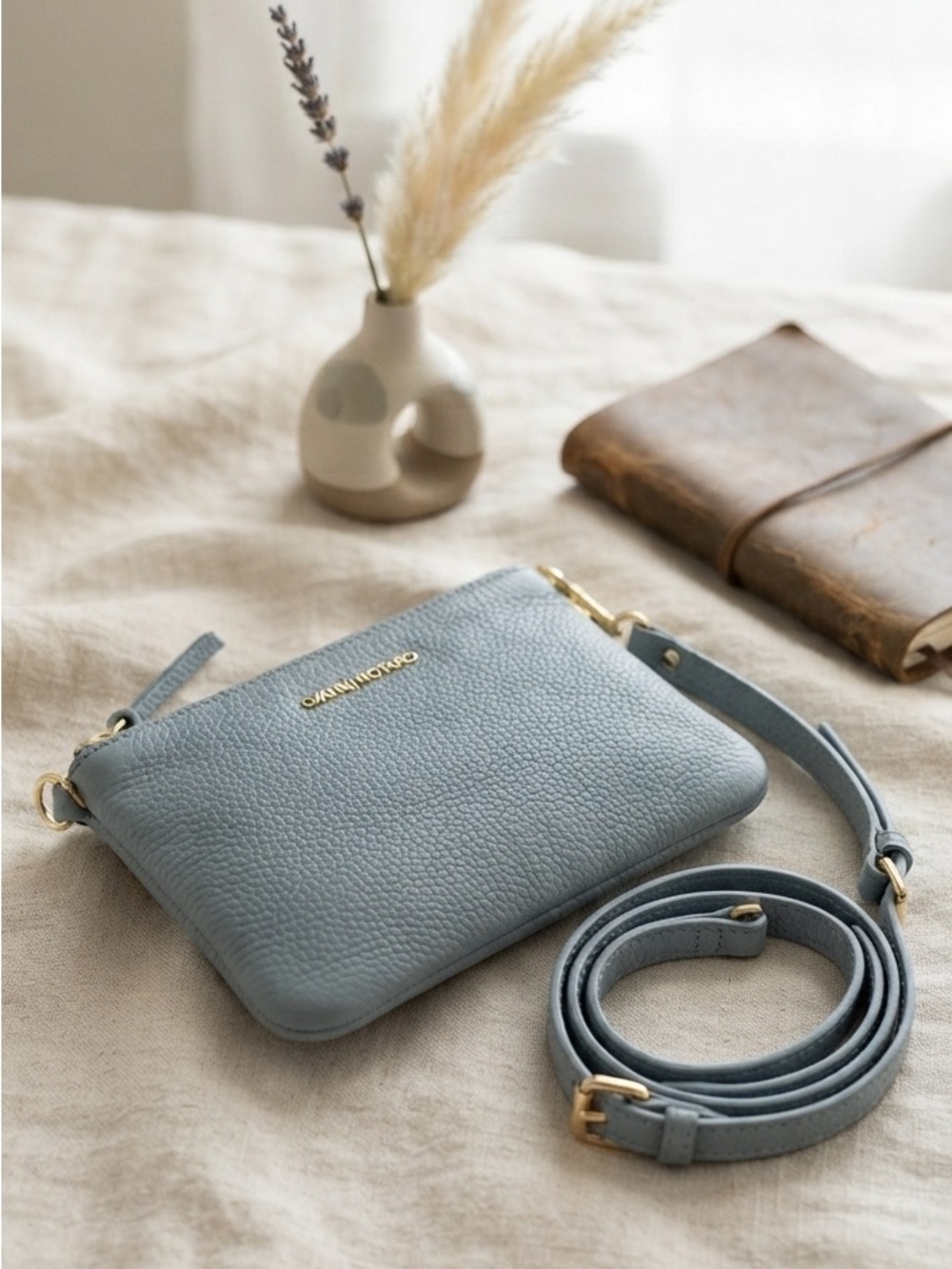 Gianni Notaro CarolJ. Powder Blue Leather Detachable 2-Piece Crossbody Bag